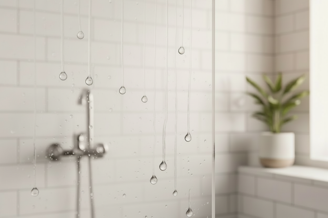 Water beads running down a nano-coated glass shower screen