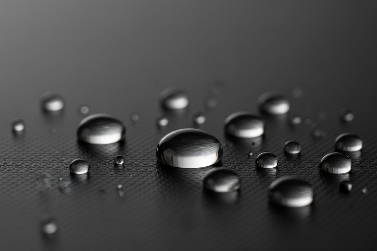 Water droplets of varying sizes beading on a hydrophobic nano-coated surface