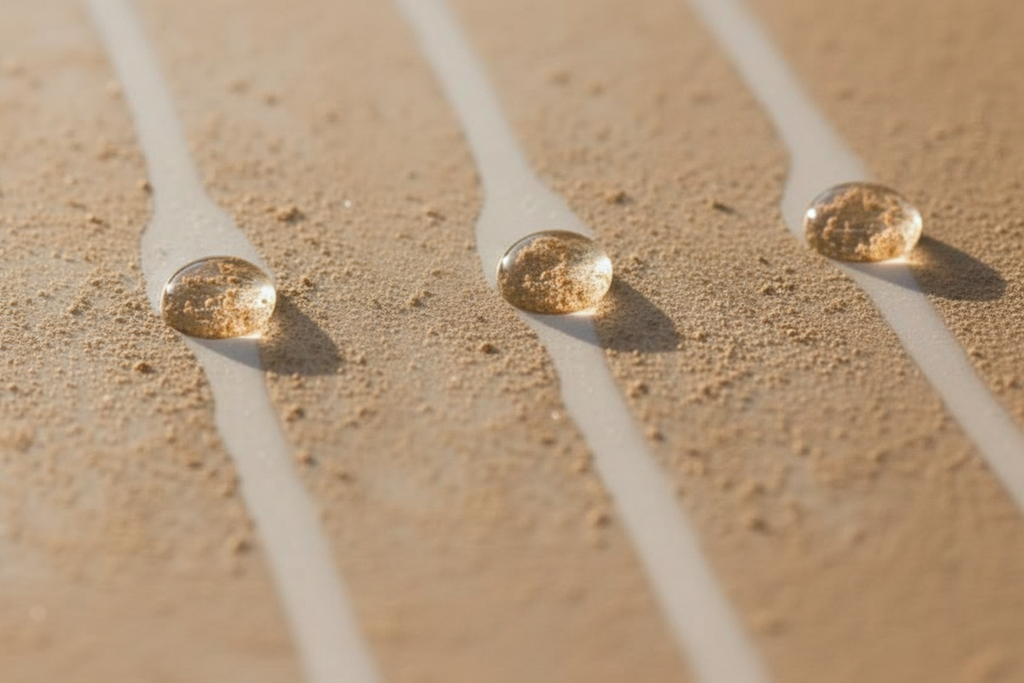3 nanocoating beads rolling down dusty glass with clean streaks