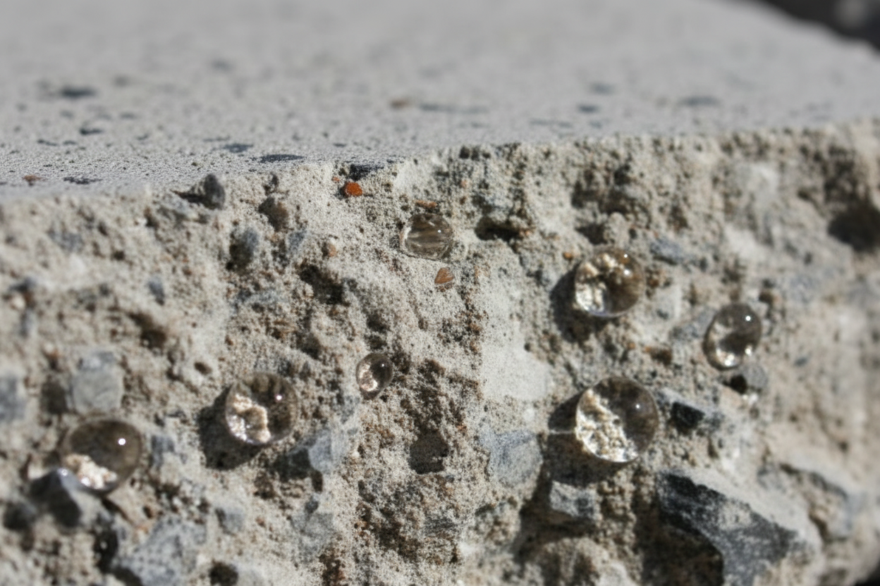Extreme close-up nanocoating beads on broken concrete